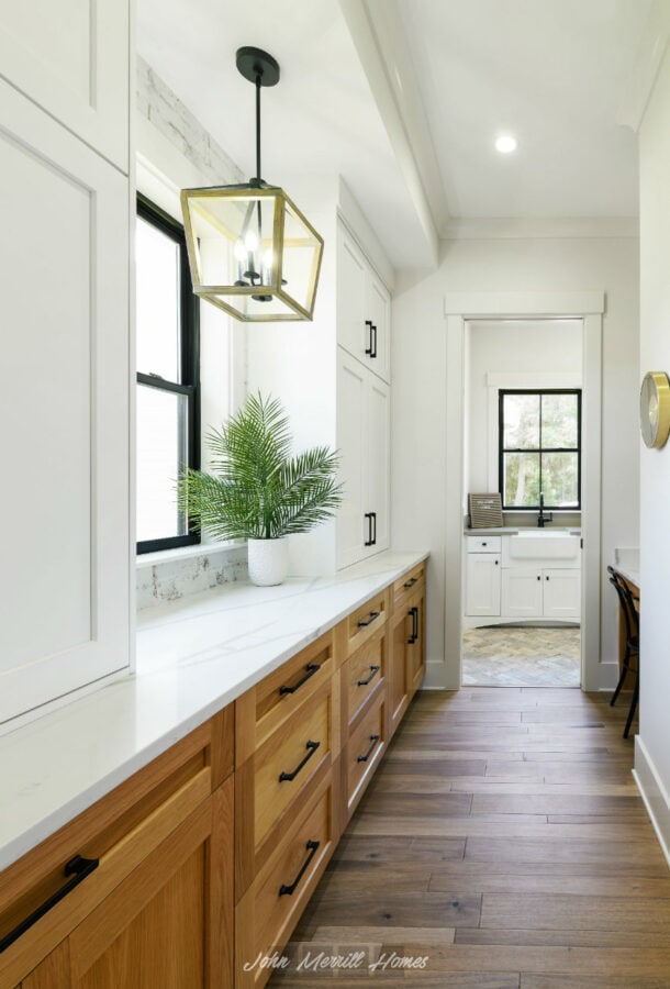 Bright kitchen interior with white cabinetry, wooden drawers, black handles, large windows, potted plant, and modern lighting, showcasing stylish, functional home design.