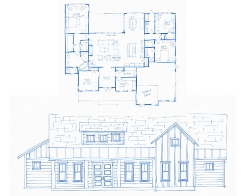 Blueprint floor plan of a house and front elevation of a modern home design, illustrating architectural layouts and exterior details for custom home construction, from John Merrill Homes.
