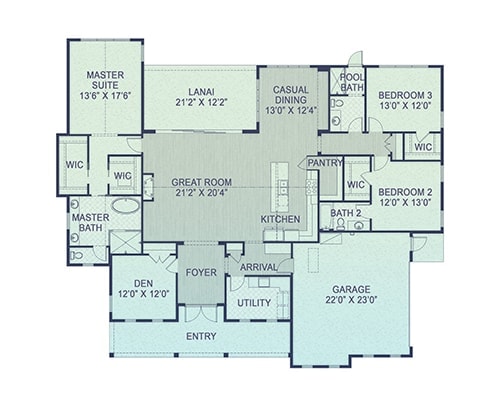High-quality floor plan of a modern home featuring a spacious master suite, three bedrooms, a great room, kitchen, den, utility room, and a two-car garage.