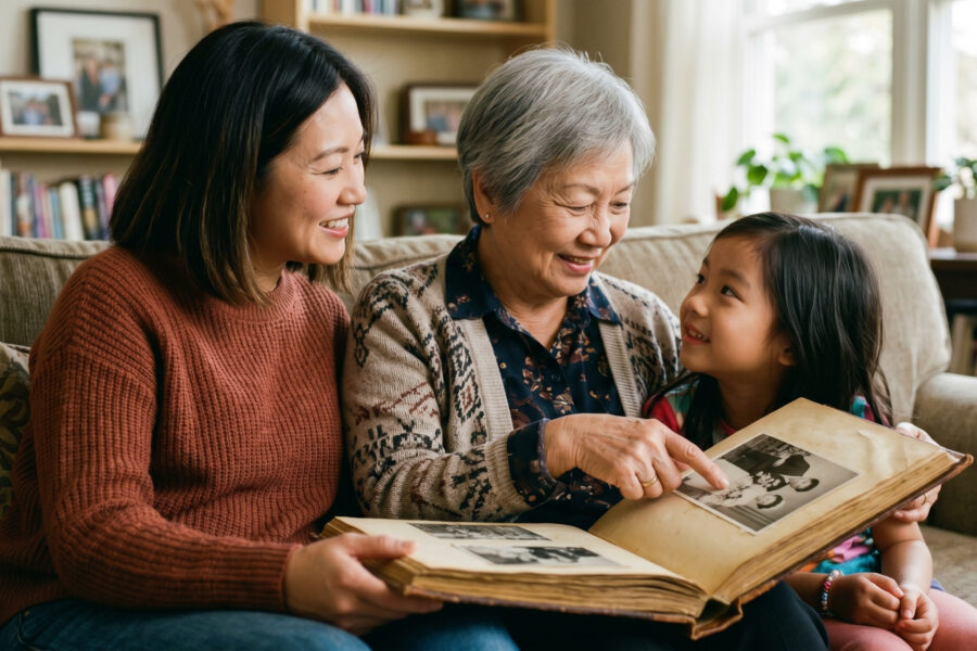 building a multigenerational home, three generations of women sitting on couch