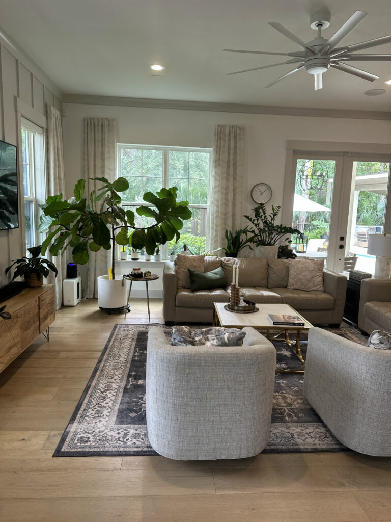 Bright and inviting living room featuring large windows, lush indoor plants, modern furniture, and a cozy, elegant décor design perfect for relaxing and entertaining.