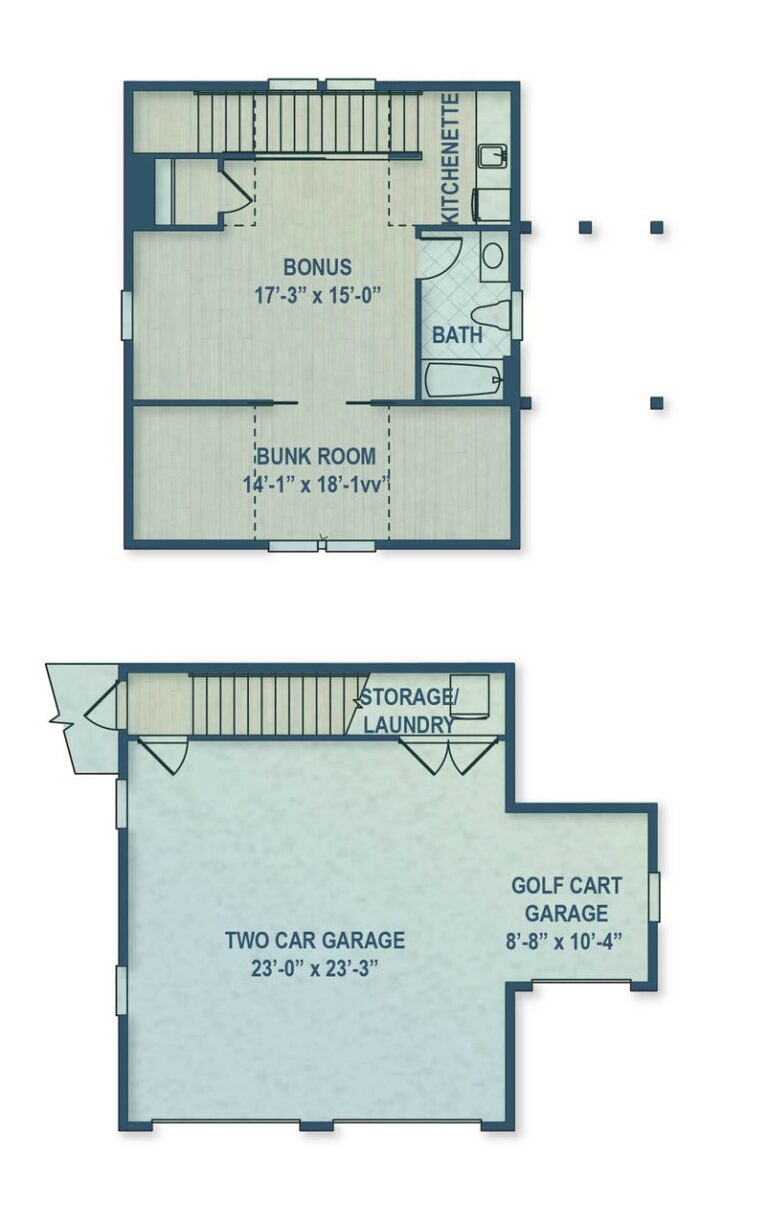 Spacious bonus room and bunk bedroom floor plan with a nearby bathroom, kitchenette, and ample storage area. Features a two-car garage and a separate golf cart garage for added convenience.