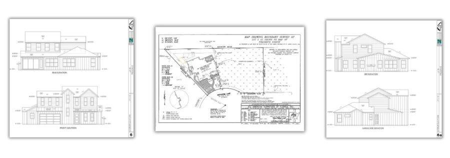 Architectural blueprints and site plan for a custom home construction project.