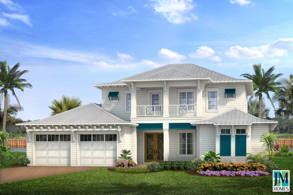 John-merrill-homes-coastal-victorian-house exterior with white siding, teal shutters, lush landscaping, and a two-car garage under a bright blue sky, showcasing elegant island-style architecture.